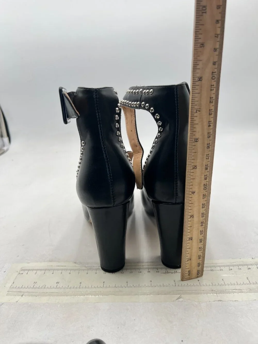 YDN Black Studded Block Heel Pumps Square Toe Ankle Strap High Heels Edgy Shoes